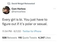 David Weigel Retweeted Cam Harless @hamcarless Every girl is bi. You just have to figure out if it's polar or sexual. 11:54 PM - 6/1/22 Twitter for iPhone 528 Retweets 115 Quote Tweets 4,347 Likes