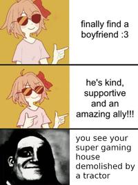 C B finally find a boyfriend :3 he's kind, supportive and an amazing ally!!! you see your super gaming house demolished by a tractor