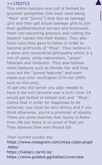 >>1352713 This online nazi/pro-ana cult is formed by groomer pedophiles (the main ones being "Miya" and "Sunny") that larp as teenage girls and then get actual teenage girls to join their guilded/discord servers and brainwash them into becoming anorexic and cutting the leaders' names into their bodies. They also have rules they gave to follow in order to become girlfriends of "Miya". They believe in a weird and nonsensical philosophy which is a mix of caste, white nationalism, "a----" hitlerism and hinduism. They also believe white features such as blonde hair and blue eyes are the "purest features" and even made eye color verification (I'm not 100% sure on this one). To get into the server you also needed to have a low bmi (anyone over a b.m.i over 19 would get bullied or kicked out) and "Miya" claims that in order for happiness to be achieved, you must be very skinny and if you think otherwise, you're a promoter of obesity. There are some theories that Sunny is Reiko from r9k but there is no proof of that yet. They deserve their own thread tbh. Their current socials are: https://www.instagram.com/miya.cyber.angel .baby/ https://kaliacc.carrd.co/ https://www.guilded.gg/kaliacc/overview