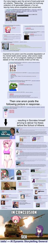 Socrates orates his thesis on the sex life of two anime girls before the School of Athens (c.400BC, ...