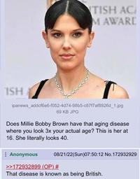 ISH TISH AC M AWARD T ipanews_addcf6e6-f052-4d74-98b5-c87f7af8926d_1.jpg 69 KB JPG Does Millie Bobby Brown have that aging disease where you look 3x your actual age? This is her at 16. She literally looks 40. Anonymous >>172932899 (OP) # That disease is known as being British. 08/21/22(Sun)07:50:12 No.172932929