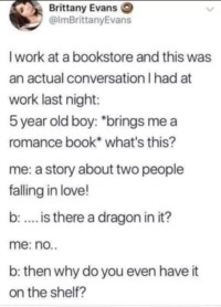 Brittany Evans @ImBrittany Evans I work at a bookstore and this was an actual conversation I had at work last night: 5 year old boy: *brings me a romance book* what's this? me: a story about two people falling in love! b: .... is there a dragon in it? me: no.. b: then why do you even have it on the shelf? Font