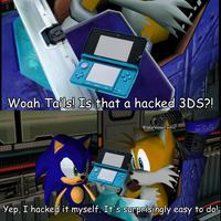 SELECT D HOME START POWER Woah Tails! Is that a hacked 3DS?! @depressed.sonic Yep, I hacked it myself. It's surprisingly easy to do!