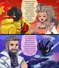 I theorize that Armorouge is a symbol of preserving past glory and honor! That's why it is a good old Scarlet exclusive! And I theorize Ceruledge may represent the ghastly, bleak, future we're all inevitably doomed to face someday! A fitting Pokemon for Violet, wouldn't you say? 157