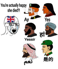 You're actually happy she died?! 3 藥 Ay 8 Yessir Pe हां Yes 是的