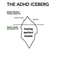 THE ADHD ICEBERG WHAT PEOPLE THINK ADHD IS: trouble focusing WHAT ADHD ACTUALLY IS: fidgeting having perfect boobs