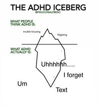 THE ADHD ICEBERG WHAT PEOPLE THINK ADHD IS: @FINUCCINIALFREDO trouble focusing WHAT ADHD ACTUALLY IS: Um fidgeting Uhhhhhh.... 5 I forget Text