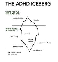 THE ADHD ICEBERG WHAT PEOPLE THINK ADHD IS: trouble focusing WHAT ADHD ACTUALLY IS: made up fake illness excuse to abuse stimulants not real poorly raised fidgeting just kinda dumb for attention