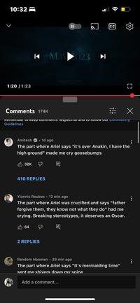 10:32 1:20 / 1:23 K MAY 023 32K ● 64 Comments 174K x Remember to keep comments respectiul and to follow our community Guidelines 1d ago 410 REPLIES Amitesh The part where Ariel says "it's over Anakin, I have the high ground" made me cry goosebumps Q 2 REPLIES THIS FILM IS NOT YET RATED ▶ Yiannis Roubos 12 min ago The part where Ariel was crucified and says "father forgive them, they know not what they do" had me crying. Breaking stereotypes, it deserves an Oscar. Random Hooman 28 min ago ● CC # Add a comment... [] The part where Ariel says "It's mermaiding time" sent me shivers down my spine : ...