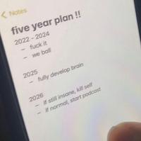 <Notes five year plan !! 2022-2024 f--- it we ball 2025 fully develop brain 2026 - if still insane, kill self if normal, start podcast