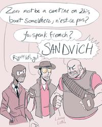 Zere must be a cantine on Zhis boat Some where, n'est-ce pas? You speak french? SANDVICH Right! let's go! Lenny Link ли O