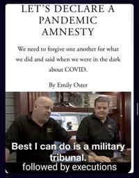 LET'S DECLARE A PANDEMIC AMNESTY We need to forgive one another for what we did and said when we were in the dark about COVID. By Emily Oster Best I can do is a military tribunal. followed by executions