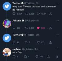 Twitter @Twitter.5h may your Tweets prosper and you never be ratioed 2,657 16,955 49.1K 1 Arkunir @Arkunir. 4h 296 Twitter @Twitter 3m ! 48 4,449 2 277 raphael @r_tiriauu . 3m nice flop 224 56K 103 156 ... ...
