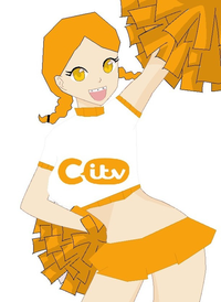 CITV-tan is an energetic British girl.

She is cheerful and sporty.

CITV-tan has light orange-ish eyes and orange braids that were styled into twin braids.

She wears a tight short-sleeved cropped sweater with a CITV logo on it, orange miniskirt and orange sneakers.