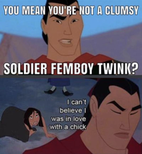YOU MEAN YOU'RE NOT A CLUMSY SOLDIER FEMBOY TWINK? I can't believe I was in love with a chick