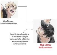 Miya Atsumu Professional Volleyball Player He got his start selling onigiri at his twin brother's volleyball games, and he has collaborated with his brother's team on numerous occasions. Miya Osamu Restaurant Owner