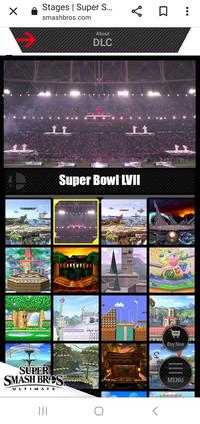 X Stages | Super S... smashbros.com ULTIMATE SUPER SMASH BROS ||| 160 About DLC Super Bowl LVII Silpn مه NTA DAT TA 11133 0 : CIS r Buy Now MENU MM