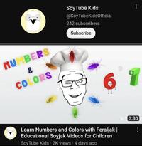 NUMBERS & COLORS Soy Tube Kids @Soy TubeKidsOfficial 242 subscribers Subscribe 6 Learn Numbers and Colors with Feraljak | Educational Soyjak Videos for Children Soy Tube Kids 2K views • 4 days ago : 3:30 ...