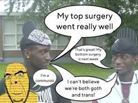 I'm a communist TOON My top surgery went really well That's great! My bottom surgery is next week I can't believe we're both goth and trans!
