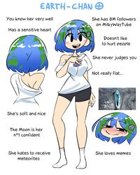 EARTH-CHAN O You know her very well Has a sensitive heart She's soft and nice The Moon is her nº1 confident She hates to receive meteorites She has 8M followers on MilkyWayTube Doesn't like to hurt people She never judges you Not really flat... She loves memes ANIME