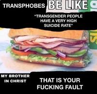 TRANSPHOBES BE LIKE "TRANSGENDER PEOPLE HAVE A VERY HIGH SUICIDE RATE" MY BROTHER IN CHRIST THAT IS YOUR F------ FAULT