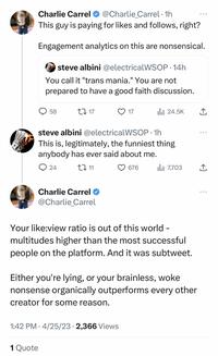 Charlie Carrel @Charlie_Carrel. 1h This guy is paying for likes and follows, right? Engagement analytics on this are nonsensical. steve albini @electricalWSOP.14h You call it "trans mania." You are not prepared to have a good faith discussion. Q58 CI 17 1 Quote steve albini @electricalWSOP. 1h This is, legitimately, the funniest thing anybody has ever said about me. 24 11 676 Charlie Carrel @Charlie Carrel 17 1:42 PM 4/25/23 · 2,366 Views ● il₁ 24.5K Your like:view ratio is out of this world - multitudes higher than the most successful people on the platform. And it was subtweet. Either you're lying, or your brainless, woke nonsense organically outperforms every other creator for some reason. 7,703 بار ↑ ↑