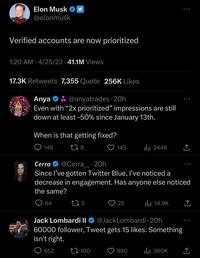 Elon Musk @elonmusk Verified accounts are now prioritized 1:20 AM 4/25/23 41.1M Views 17.3K Retweets 7,355 Quote 256K Likes Anya & @anyatrades 20h Even with "2x prioritized" impressions are still down at least -50% since January 13th. When is that getting fixed? 178 149 64 Cerra @Cerra -20h Since I've gotten Twitter Blue, I've noticed a decrease in engagement. Has anyone else noticed the same? 125 652 145 100 25 ₁244K Jack Lombardi II @JackLombardi - 20h 60000 follower, Tweet gets 15 likes. Something isn't right. 890 ₁14.9K ↑ ↑ ₁380K ↑