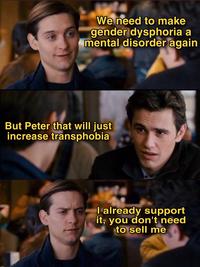 We need to make gender dysphoria a mental disorder again But Peter that will just increase transphobia I already support it, you don't need to sell me