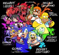 HELLBOY HELLBOY JURI STREET FIGHTER SHANTAE (SHANTAE) + SONIC SONIC THE HEDGEHOG (Thi ART by @rariato. ATIS INKLING (SPLATOON) HOMER SIMPSONS (THE SIMPSONS) PERIDOT STEVEN UNIVERSE) CUNO BRIDGET (GUILTY GEAR)