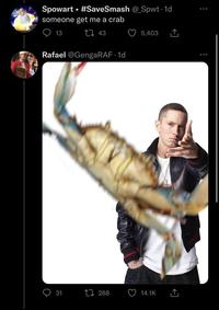 THICE HIGHS Spowart #SaveSmash @ Spwt. 1d someone get me a crab 13 43 ● Rafael @GengaRAF.1d 31 288 3 5,403 14.1K :