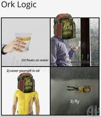 Ork Logic 2) cover yourself in oil Oil floats on water 1) wait for it to rain 3) fly AL