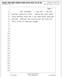 FILED: NEW YORK COUNTY CLERK 08/01/2023 07:46 PM NYSCEF DOC. NO. 99 6 the way the way 1 3 2 natural selection works. Jewish men have small cocks because they can't use them after they get married. Whereas the Italian men use them all their lives SO they get bigger. 4 5 7 8 9 10 11 12 13 14 15 16 17 18 19 20 21 22 23 24 25 212-267-6868 MR. GIULIANI: -- INDEX NO. 650033/2023 RECEIVED NYSCEF: 08/01/2023 Veritext Legal Solutions www.veritext.com Page 2 516-608-2400