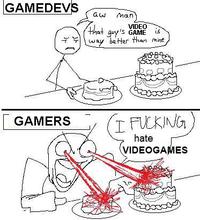 GAMEDEVS It GAMERS YE aw Man) VIDEO that guy's GAME is way better than mine, www I F------ hate VIDEOGAMES T www