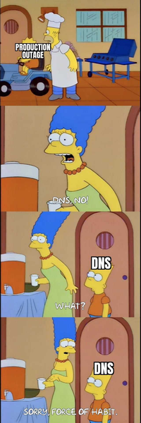 PRODUCTION OUTAGE M w DNS, NO! WHAT? O DNS DNS SORRY, FORCE OF HABIT.