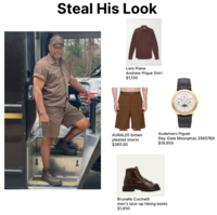 Steal His Look Loro Piana Andrew-Pique Shirt $1,150 AURALEE brown pleated shorts $365.00 Audemars Piguet Day-Date Moonphas 25657BA $19,950 Brunello Cucinelli men's lace-up hiking boots $1,650