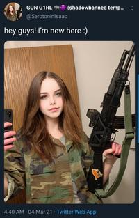 GUN G1RL (shadowbanned temp... @Serotoninlsaac hey guys! i'm new here :) 4:40 AM 04 Mar 21 Twitter Web App . . ⠀