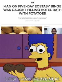 NEWS MAN ON FIVE-DAY ECSTASY BINGE WAS CAUGHT FILLING HOTEL BATH WITH POTATOES "It may be this that led officers to believe he was intoxicated" HARRISON WILLIAMS | 23 MAY 2018 MOST POPULAR I JUST THINK THEY'RE NEAT.
