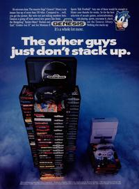A 1991 Advertisement comparing the Genesis's lineup to that of the SNES.

Although the SNES launched in North America with only 6 games, this number exceeded 30 by the end of 1991. By the end of their lives in North America, the two platforms had slightly over 700 games each released in the region.