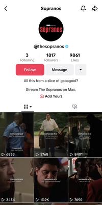 r -I want you to know your mother ▷ 6835 3 Following SOPRANOS IN 25 S2E2: "Do Not Resuscitate" SOPRANOS IN 25 S1E12: "Isabella ▷ 3454 Follow Sopranos @thesopranos 1817 Followers HBO ORIGINAL Sopranos All this from a slice of gabagool? Stream The Sopranos on Max. Add Yours Message SOPRANOS IN 25 S2E1: "Guy Walks Into a Psychiatrist's Office" ▷ 5768 SOPRANOS IN 25 S1E11: "Nobody Knows Anything" ▷ 13.9K 9861 Likes Ţ D SOPRANOS IN 25 S1E13: "I Dream of Jeannie Cusamano ▷ 8401 SOPRANOS IN 25 S1E10: "A Hit Is a Hit" ▷ 7690