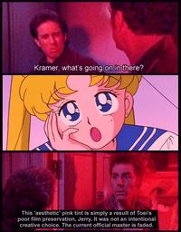 Kramer, what's going on in there? This 'aesthetic' pink tint is simply a result of Toei's poor film preservation, Jerry. It was not an intentional creative choice. The current official master is faded.
