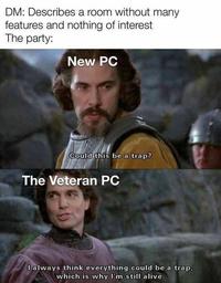 DM: Describes a room without many features and nothing of interest The party: New PC Could this be a trap? The Veteran PC I always think everything could be a trap, which is why I'm still alive.