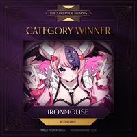 THE STREAMER AWARDS CATEGORY WINNER IRONMOUSE BEST VTUBER TWITCH.TV/QTCINDERELLA THESTREAMERAWARDS.COM O O O