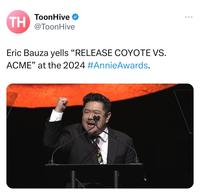 ΤΗ ToonHive @ToonHive Eric Bauza yells "RELEASE COYOTE VS. ACME" at the 2024 #AnnieAwards.