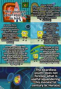 "this younger generation is so bad it is the first generation in American history to live so well and complain so bitterly about it(1993 Washington Post article) women painted like prostitutes throwing off every kind of social restraint all of these go to prove that it is now the vulgar mob that gives the tone (1933 hour of decisions, Oswald Spengler) they have troublemaking decision they would rather hike Himalayas then climba corporate ladder (2001 times magazine article) many young people were so pampered nowadays that they had forgotten that there was such a thing as walking (1951 Falkirk herald article) An atitude on the part of young folk which is best described as grossly thoughtless, rude and utterly selfish(1925 article in Hully Daily Mail) The beardless youth, does not foresee what is useful squandering, his money(1st century bc Horace)