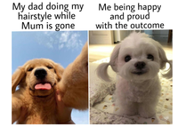 My dad doing my hairstyle while Mum is gone Me being happy and proud with the outcome uji