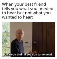 When your best friend tells you what you needed to hear but not what you wanted to hear: F--- you and I'll see you tomorrow!