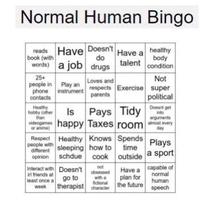 Normal Human Bingo Have a healthy body condition reads Have Doesn't book (with do words) a job drugs talent 25+ people in Play an phone contacts instrument Healthy hobby (other than videogames or Respect people with different opinion Interact with irl friends at least once a week Loves and respects Exercise parents Healthy Knows sleeping how to schdue cook Doesn't go to therapist Is Pays Tidy happy Taxes room at every day not obsessed with a fictional character Not super political Doesnt get into arguments Have a plan for the future Spends Plays time outside a sport capable of normal human speech