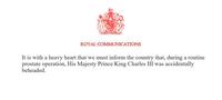 ROYAL COMMUNICATIONS It is with a heavy heart that we must inform the country that, during a routine prostate operation, His Majesty Prince King Charles III was accidentally beheaded.