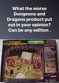 What the worse Dungeons and Dragons product put out in your opinion? Can be any edition. Official Advanced Dungeons & Dragons CAUTION ELECTRICALY OPERATED PREDIKS WOODBURNING SET THE AGES 13 AND UP FASHION USEFUL PROJECTS FEATURING THE FAMOUS FANTASY FIGURES. Make these projects and more Pencil bos, Dice cup, breasure chest, Bullet boards with cork, Napkin Memo boldes Plaques en Decorate with marking pens and semi- precious stones Make useful accessories for your desk and roomoons CONTENTS: G.L. listed woodburning pen, pre-printed cedar wood, pre-printed cork coasters, gold and silver full m precious stones, 6 marking pens, glue, sandpaper, Instructions