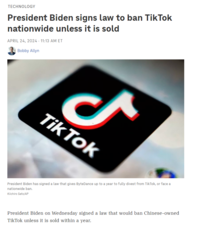 TECHNOLOGY President Biden signs law to ban TikTok nationwide unless it is sold APRIL 24, 2024 11:13 AM ET Bobby Allyn ل Tik Tok President Biden has signed a law that gives Byte Dance up to a year to fully divest from TikTok, or face a nationwide ban. Kiichiro Sato/AP President Biden on Wednesday signed a law that would ban Chinese-owned Tik Tok unless it is sold within a year.